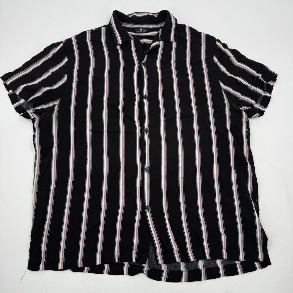 LEVEL TEN Mens‎ Black White Pink Stripe Short Sleeve Button Up Shirt Size S